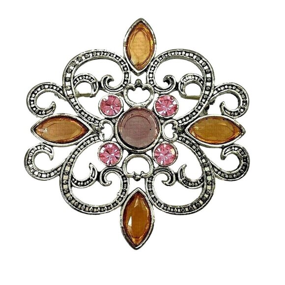 Unbranded Jewelry - Brooch Pin Fashion Jewelry Rhinestones Amber Pink Silver Tone
